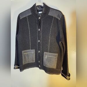 Chico's 100% wool button up‎ lightweight zip pockets detailed embroidery sz M